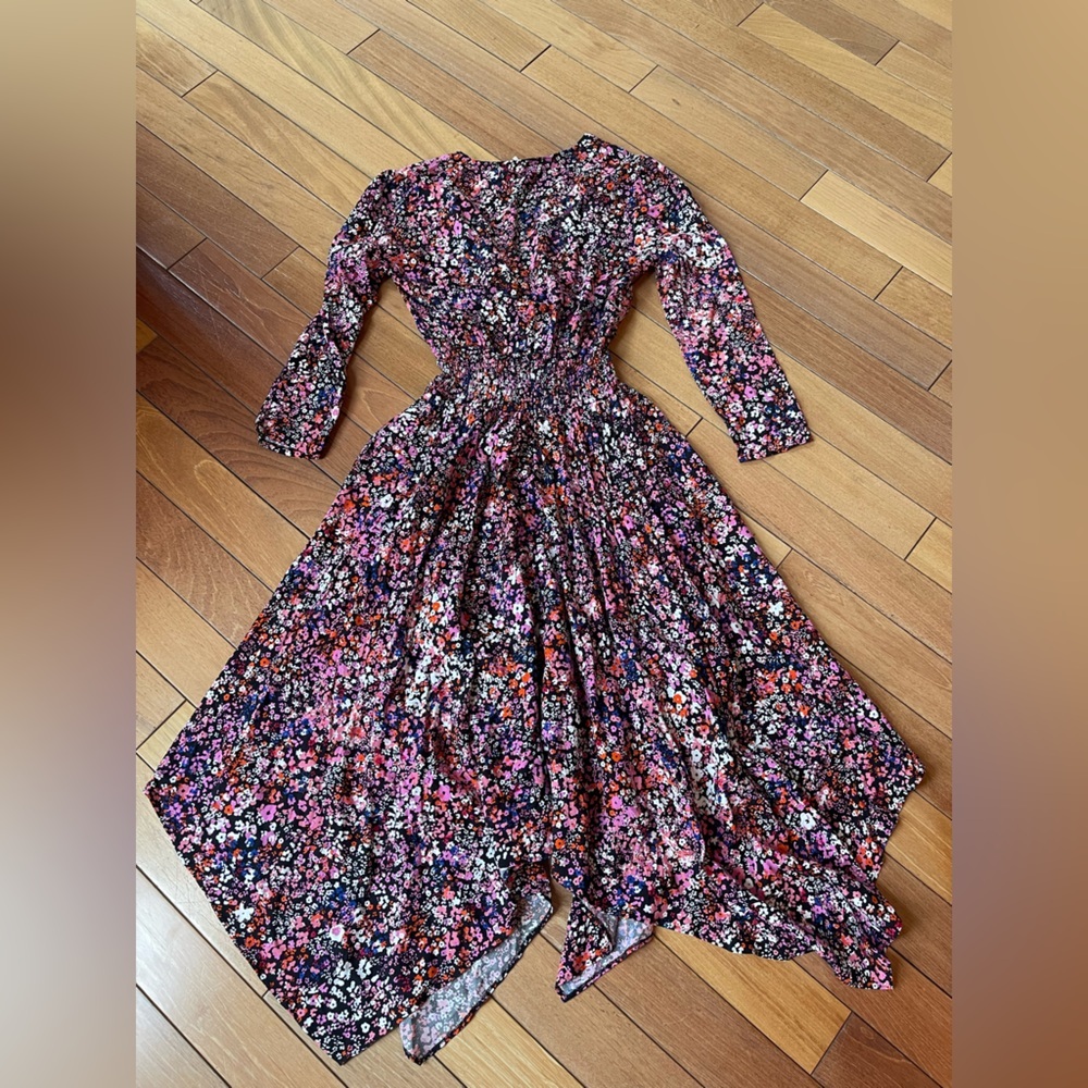 Maje Avianah Floral Asymmetrical Midi Dress Size 38 Black Pink Handkerchief - Picture 12 of 15